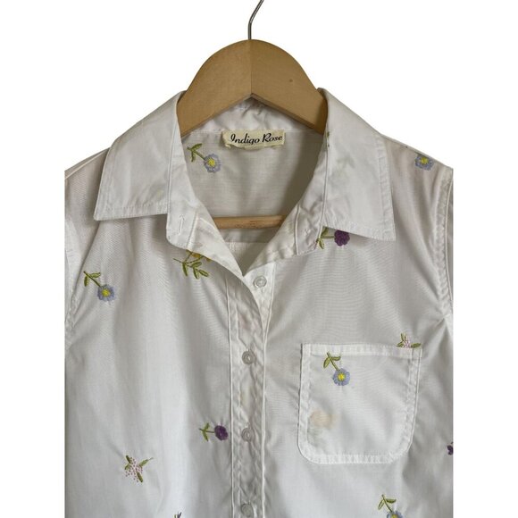 Indigo Rose Size Small White Floral Embroidered Collared Button Up Long Sleeve S - Picture 3 of 9